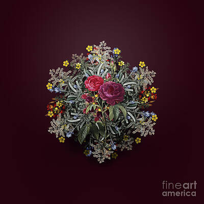 Wine Paintings - Vintage Purple Roses Flower Wreath on Wine Red n.2467 by Holy Rock Design