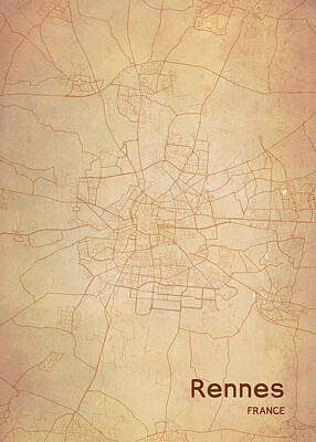 City Scenes Drawings - Vintage Rennes City Map by Lauren Blessinger