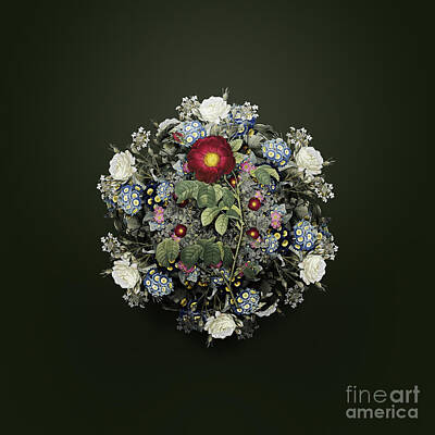 Food And Beverage Paintings - Vintage Rose Flower Wreath on Olive Green n.2069 by Holy Rock Design