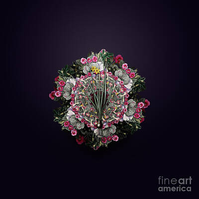 Floral Paintings - Vintage Rush Leaf Jonquil Floral Wreath on Royal Purple n.0772 by Holy Rock Design