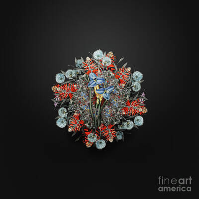 Floral Paintings - Vintage Sapphire Patersonia Floral Wreath on Wrought Iron Black n.0168 by Holy Rock Design