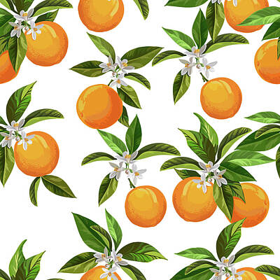 Food And Beverage Drawings - Vintage seamless pattern with citrus fruits. Hand drawn elements. by Julien