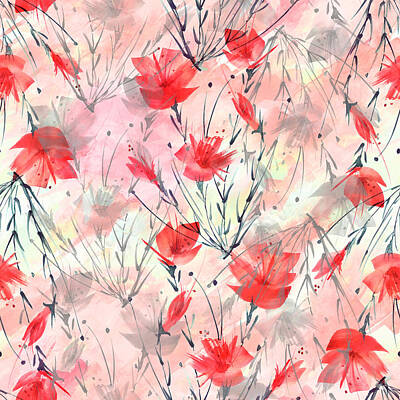 Abstract Flowers Drawings - Vintage seamless watercolor pattern of plants, Herbs, flowers, poppy, rose, peony. red, yellow flowers watercolor. stylish pattern. Abstract paint splash. Trendy background, grunge.  by Julien