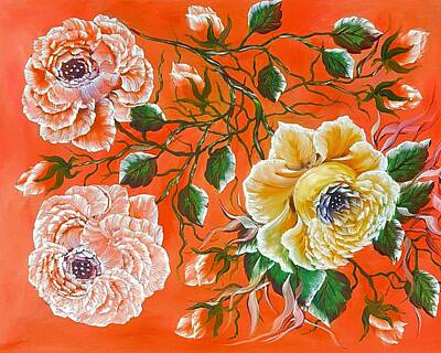 Roses Paintings - Vintage style roses orange glow  by Angela Whitehouse