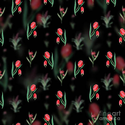 Roses Mixed Media Royalty Free Images - Vintage Suns Eye Tulip Floral Garden Pattern on Black n.1025 Royalty-Free Image by Holy Rock Design