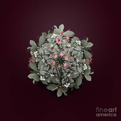 Lilies Royalty Free Images - Vintage Sword Lily Flower Wreath on Wine Red n.0019 Royalty-Free Image by Holy Rock Design