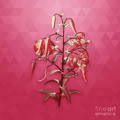Lilies Mixed Media - Vintage Tiger Lily in Gold on Viva Magenta by Holy Rock Design