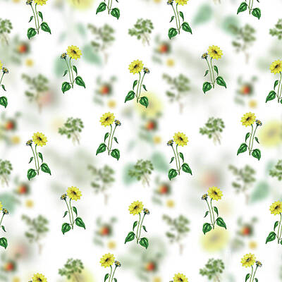 Sunflowers Mixed Media - Vintage Trumpet Stalked Sunflower Floral Garden Pattern on White n.0210 by Holy Rock Design