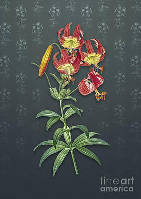 Lilies Mixed Media - Vintage Turban Lily Botanical Art on Slate Gray Pattern n.1368 by Holy Rock Design