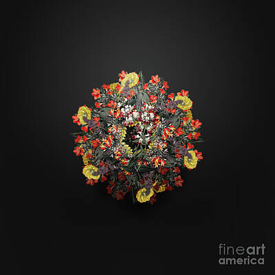 Floral Paintings - Vintage Two Colored Collinsia Floral Wreath on Wrought Iron Black n.0540 by Holy Rock Design