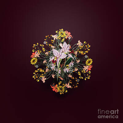 Wine Paintings - Vintage Two Edged Laelia Floral Wreath on Wine Red n.1261 by Holy Rock Design