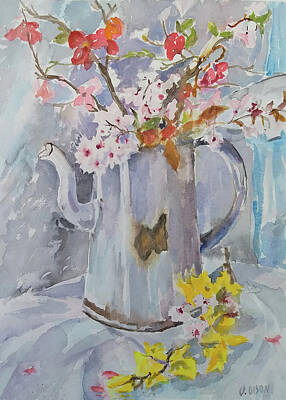 Cities Paintings - Vintage White Goose Neck Coffee Pot with Branch Blossoms 2021 by Victoria de los Angeles Olson