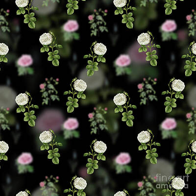 Florals Mixed Media - Vintage White Rose of York Floral Garden Pattern on Black n.0177 by Holy Rock Design