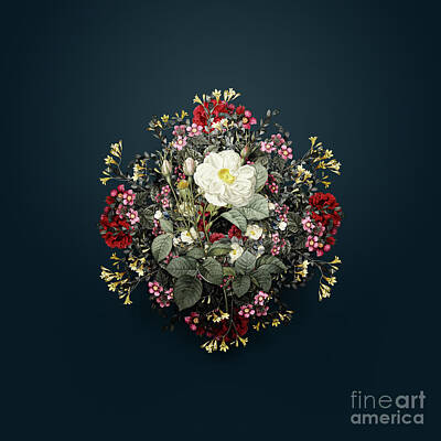 Roses Paintings - Vintage White Rose of York Flower Wreath on Teal Blue n.0242 by Holy Rock Design