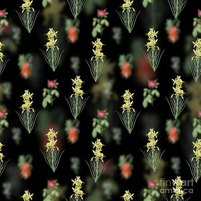Florals Mixed Media - Vintage Yellow Asphodel Floral Garden Pattern on Black n.0223 by Holy Rock Design