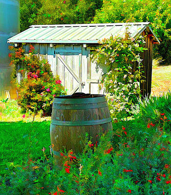 Wine Digital Art - Vinyard Shed and Wine Barrel 2 by Barbara Snyder
