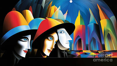 Car Photos Douglas Pittman - Vivid digital art depicting three stylized faces with colorful hats  by Odon Czintos