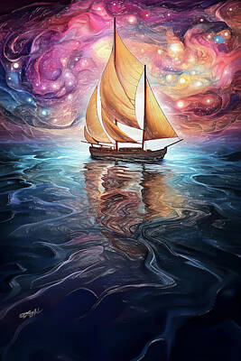Transportation Digital Art Rights Managed Images -  Voyage of Dreams Navigating the Seas Royalty-Free Image by Lena Owens - OLena Art Vibrant Palette Knife and Graphic Design