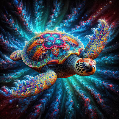 Reptiles Photos - Voyage of the Cosmic Turtle by Bill and Linda Tiepelman