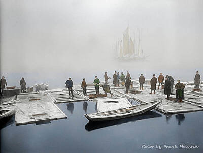 Sewing Machine - Waiting for fish to arrive in Oslo in1925. Men on a floating jetty, where the catches were stored in by Celestial Images