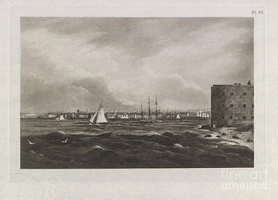 City Scenes Drawings - Wall Street View from the Harbour 1820 d5 by Historic Illustrations
