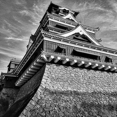 Airplane Paintings Royalty Free Images - Walls of Legacy Exploring the Grandeur of Kumamoto Castle, Blk/Wht Royalty-Free Image by Chakra Monkey