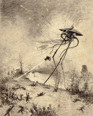 Science Fiction Drawings - War of the Worlds - Martian Fighting Machine Hit by Shell by Philip Openshaw
