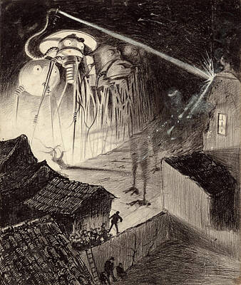 Science Fiction Drawings - War of the Worlds - Martians Blast House by Philip Openshaw