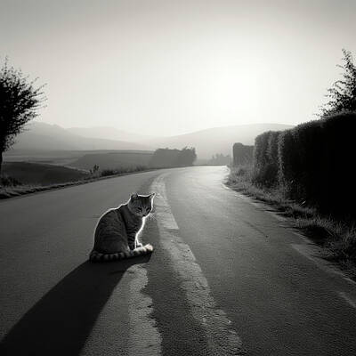Mammals Digital Art - Warm Sunshine for Sleepy Cat on Road by YoPedro