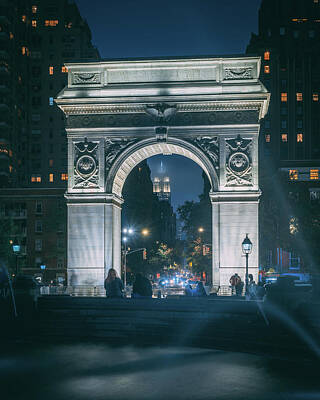 Black And White Line Drawings - Washington Square Arch at Night by Jon Bilous