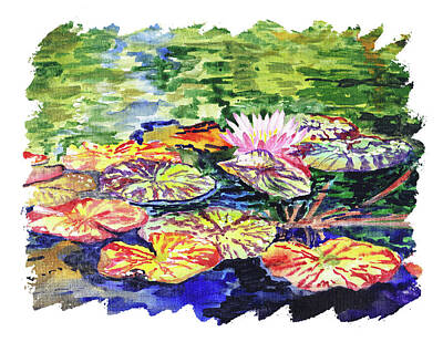 Lilies Royalty-Free and Rights-Managed Images - Water Lilies Painting With Free Watercolor Brush Strokes  by Irina Sztukowski