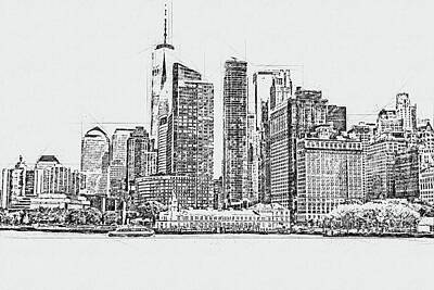 Cities Drawings - Watercolor black and white sketch or illustration of a beautiful view of the New York City with urban skyscrapers by Maria Kray
