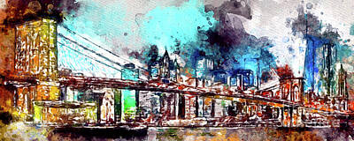 Abstract Skyline Mixed Media - Watercolor Brooklyn Bridge  by Daniel Janda