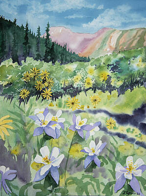 Sunflowers Paintings - Watercolor - Columbine and Sunflower Landscape by Cascade Colors