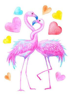 Birds Drawings Rights Managed Images - Watercolor couple flamingo Royalty-Free Image by Julien