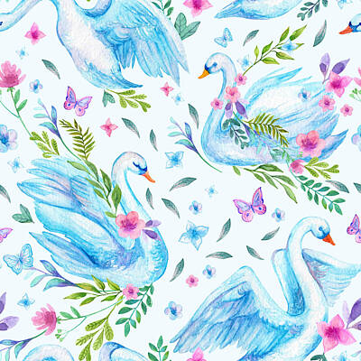 Popsicle Art Royalty Free Images - Watercolor cute swan lake seamless pattern Royalty-Free Image by Julien
