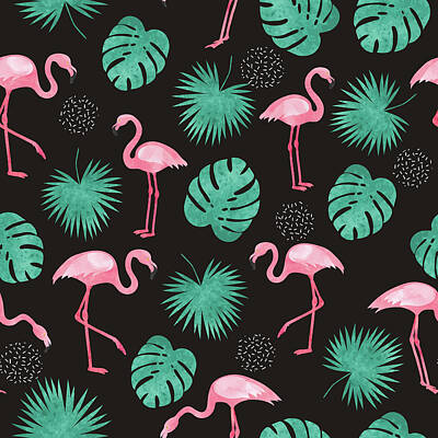 Irish Leprechauns - Watercolor flamingo and palm leaves seamless pattern by Julien