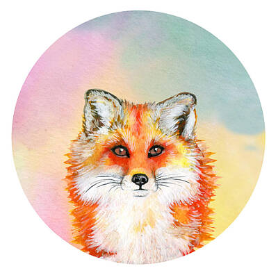 Animals Drawings - Watercolor illistration fox on colorful round background, isolated. by Julien