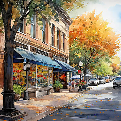 Impressionism Paintings - Watercolor Impressionism of a Downtown Scene in the Fall by Lourry Legarde