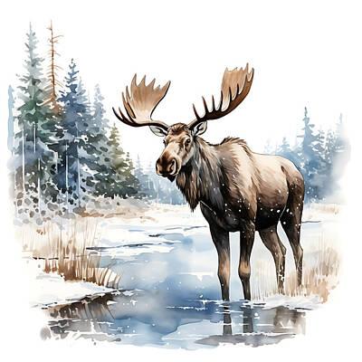 Landscapes Royalty-Free and Rights-Managed Images - watercolor moose in snow landscape clipart on w f6c3b1eb abe9 4fde b4ff 5ec39f537f2e by Asar Studios by Timeless Images Archive
