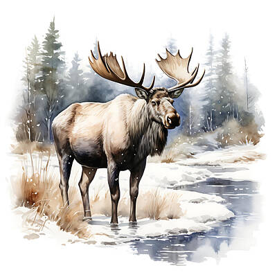 Landscapes Royalty-Free and Rights-Managed Images - watercolor moose in snow landscape clipart on w f903780c 9331 4355 a954 ec1d5e6e48ef by Asar Studios by Timeless Images Archive