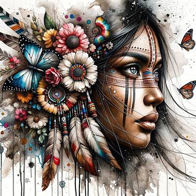 Landmarks Digital Art - Watercolor Native American Woman #2 by Chromatic Fusion Studio
