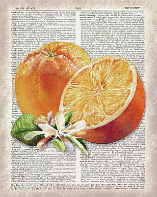 Food And Beverage Paintings - Watercolor Of Orange On Dictionary Page Work Of Art by Irina Sztukowski