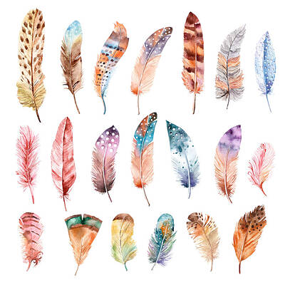 Birds Drawings Royalty Free Images - Watercolor paintings vibrant feathers. Boho style. Feathers illustration isolated on white. Royalty-Free Image by Julien