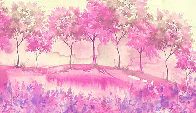 Royalty-Free and Rights-Managed Images - watercolor postcard with wild flowers, pink plants. Watercolor background. Blossoming meadow, field, countryside landscape. pink Tree. Summer, Spring landscape. Silhouettes of forest. Blooming garden by Julien