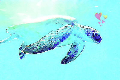 Reptiles Mixed Media - Watercolor Sea Turtle Love- Animal Wildlife Painting  by Shelli Fitzpatrick
