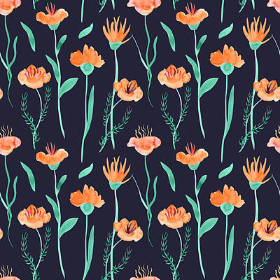Fantasy Drawings Rights Managed Images - Watercolor seamless pattern with leaves and fantasy orange color flowers Royalty-Free Image by Julien