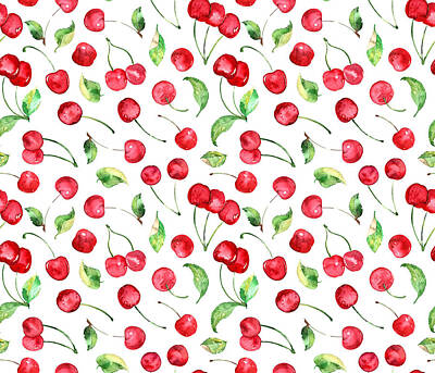 Food And Beverage Drawings - Watercolor sweet cherries seamless pattern, delicious fruits background, berries backdrop by Julien