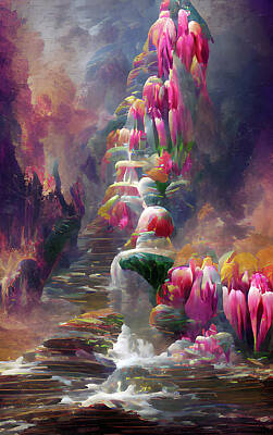 Surrealism Mixed Media Rights Managed Images - Waterfall of Flowers Surrealism Royalty-Free Image by Georgiana Romanovna