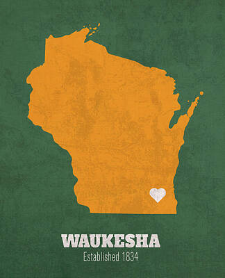Cities Mixed Media Royalty Free Images - Waukesha Wisconsin City Map Founded 1834 Green Bay Packers Color Palette Royalty-Free Image by Design Turnpike